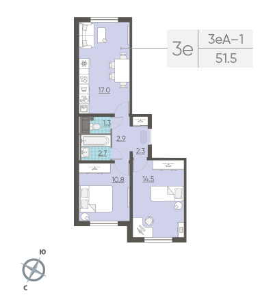 Двухкомнатная квартира 51.5 м²