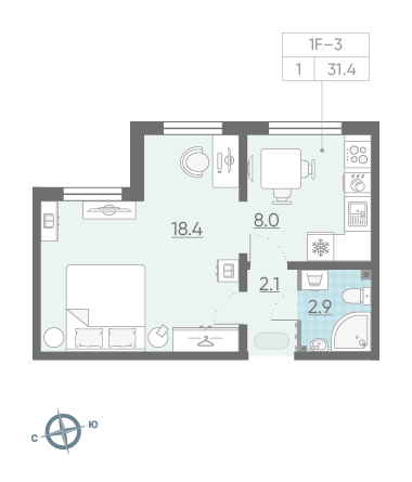 Однокомнатная квартира 31.4 м²