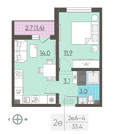 Однокомнатная квартира 33.4 м²