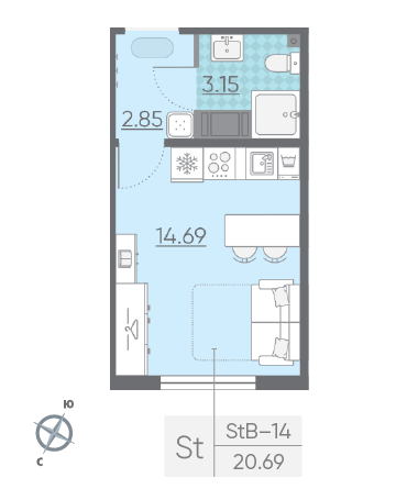 Студия 20.69 м²