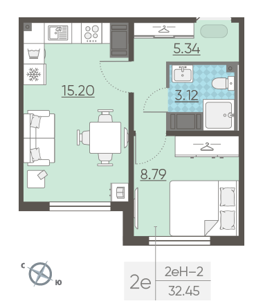 Однокомнатная квартира 32.45 м²