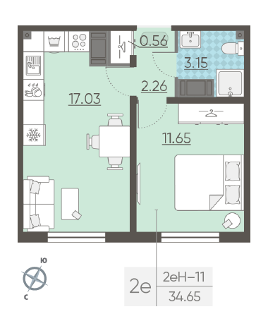 Однокомнатная квартира 34.65 м²