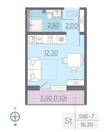 Студия 18.2 м²