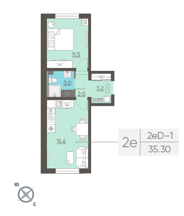 Однокомнатная квартира 35.3 м²
