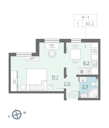 Однокомнатная квартира 30.2 м²