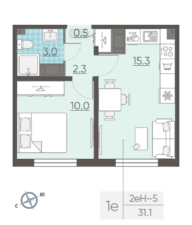 Однокомнатная квартира 31.1 м²