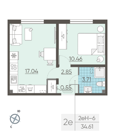 Однокомнатная квартира 34.61 м²
