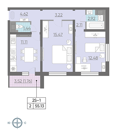 Двухкомнатная квартира 54.8 м²
