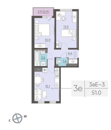 Двухкомнатная квартира 51 м²