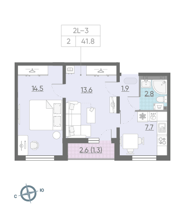 Двухкомнатная квартира 41.8 м²