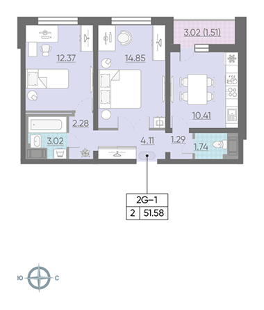 Двухкомнатная квартира 52.2 м²