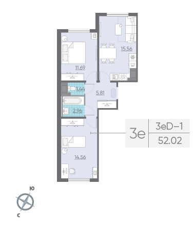 Двухкомнатная квартира 52.02 м²