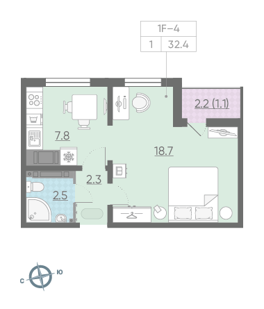 Однокомнатная квартира 32.4 м²