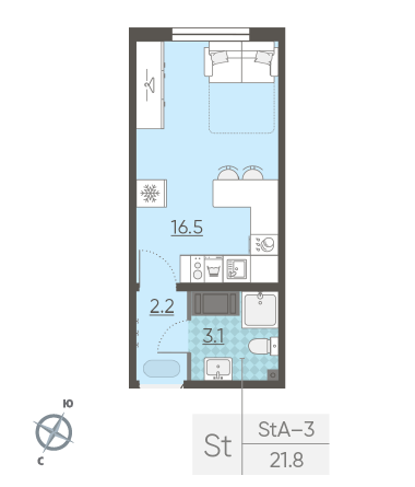 Студия 21.8 м²