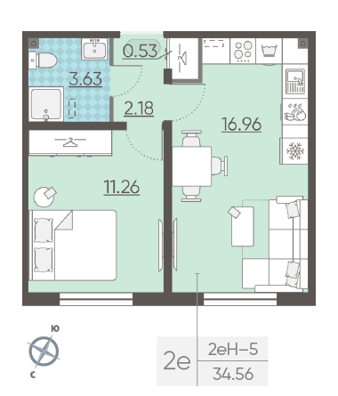 Однокомнатная квартира 34.56 м²