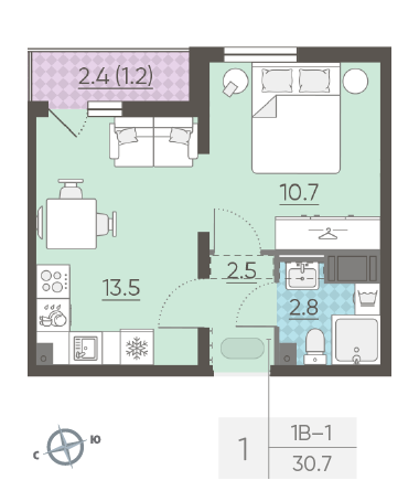 Однокомнатная квартира 30.7 м²