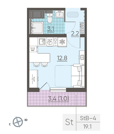 Студия 19.1 м²