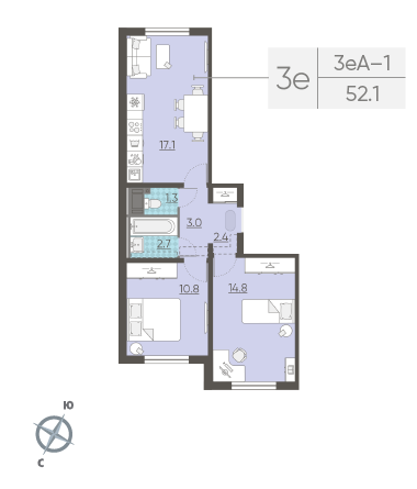 Двухкомнатная квартира 52.1 м²