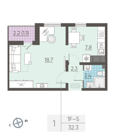 Однокомнатная квартира 32.3 м²