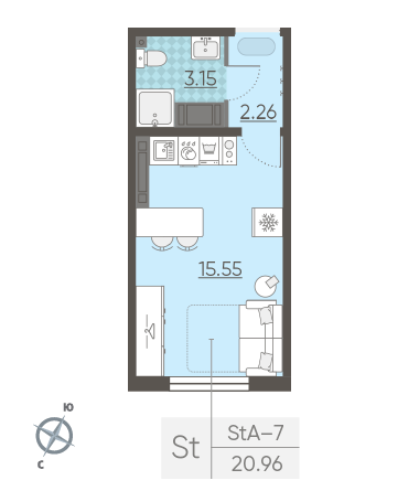Студия 20.96 м²