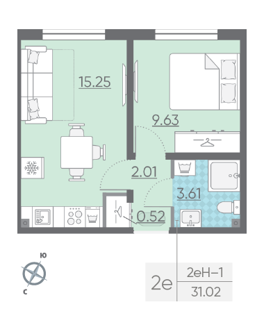 Однокомнатная квартира 31.02 м²