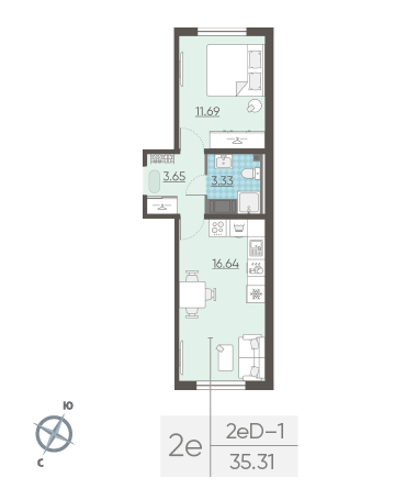 Однокомнатная квартира 35.31 м²