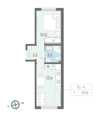 Однокомнатная квартира 29.8 м²