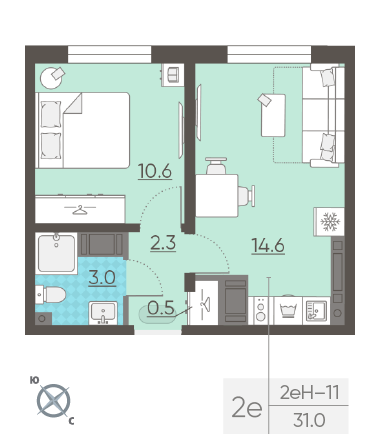 Однокомнатная квартира 31 м²