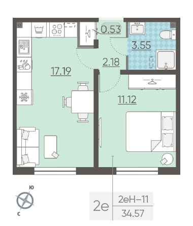 Однокомнатная квартира 34.57 м²