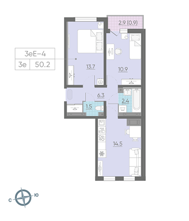 Двухкомнатная квартира 50.2 м²