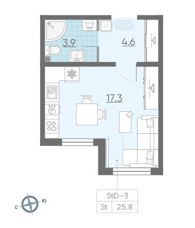 Студия 25.8 м²