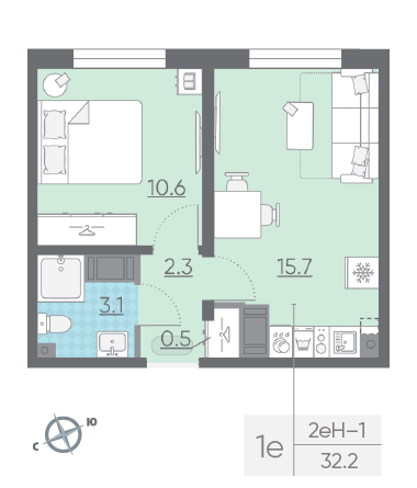 Однокомнатная квартира 32.2 м²