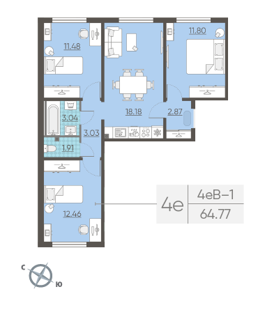 Трёхкомнатная квартира 64.77 м²