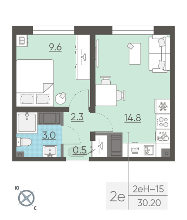 Однокомнатная квартира 30.2 м²