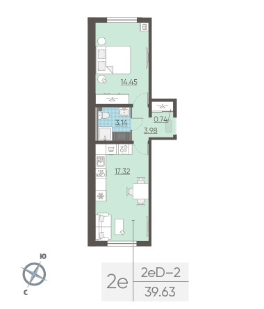 Однокомнатная квартира 39.63 м²