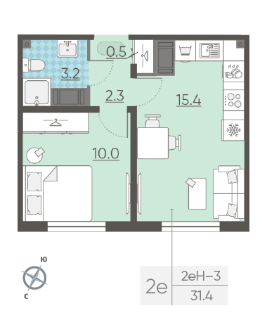 Однокомнатная квартира 31.4 м²