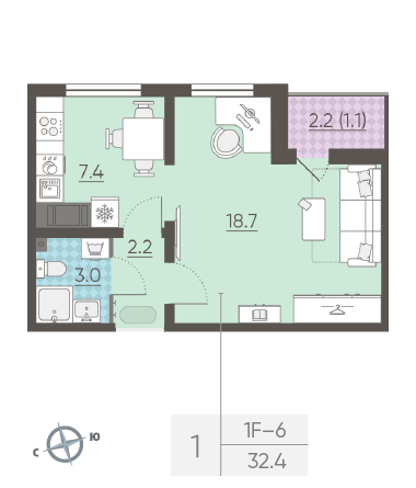 Однокомнатная квартира 32.4 м²