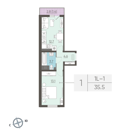 Однокомнатная квартира 35.5 м²