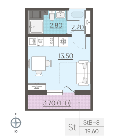 Студия 19.6 м²