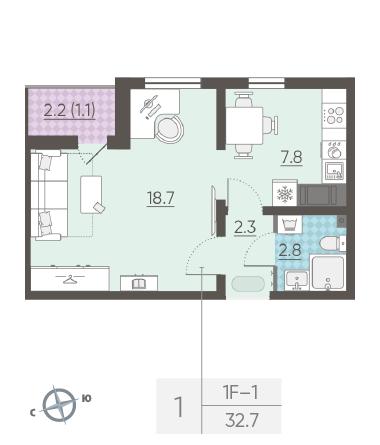 Однокомнатная квартира 32.7 м²