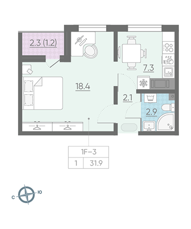 Однокомнатная квартира 31.9 м²