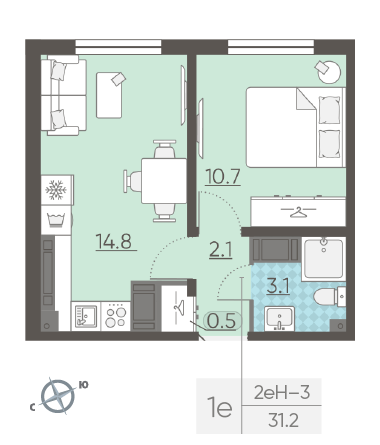 Однокомнатная квартира 31.2 м²