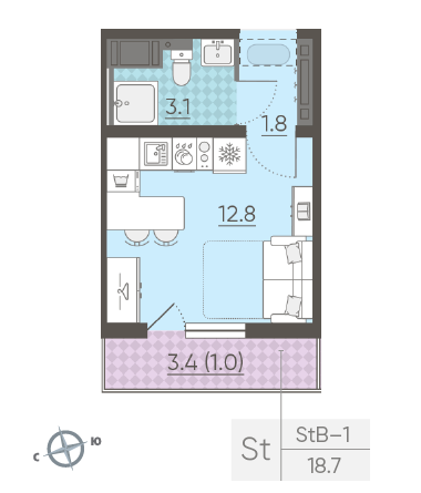 Студия 18.7 м²