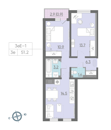 Двухкомнатная квартира 51.2 м²