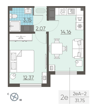 Однокомнатная квартира 31.75 м²