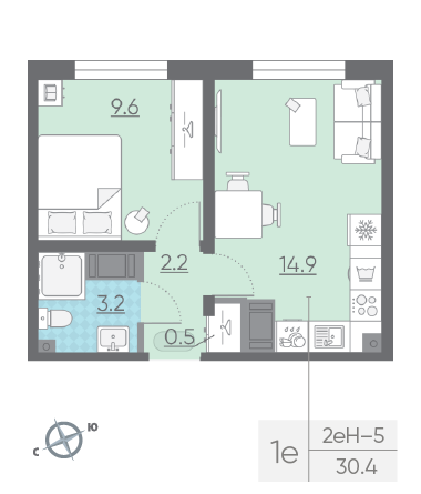 Однокомнатная квартира 30.4 м²