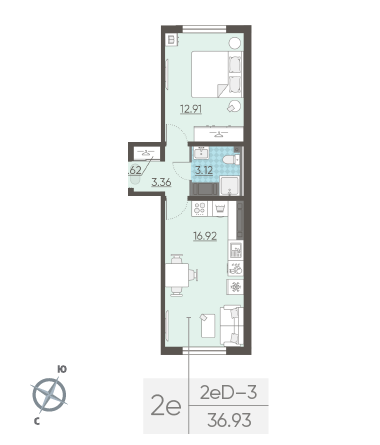Однокомнатная квартира 36.93 м²