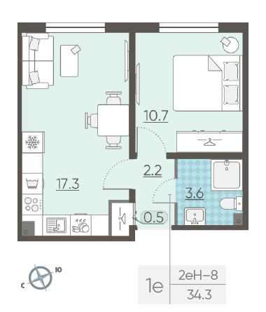Однокомнатная квартира 34.3 м²