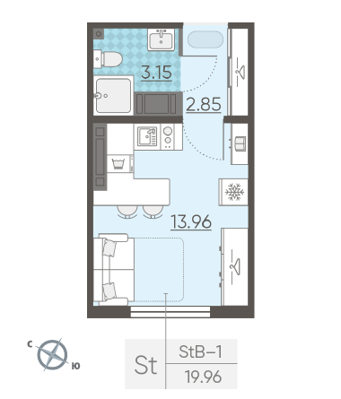 Студия 19.96 м²
