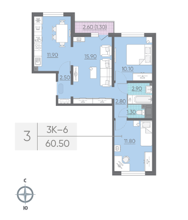Трёхкомнатная квартира 60.5 м²